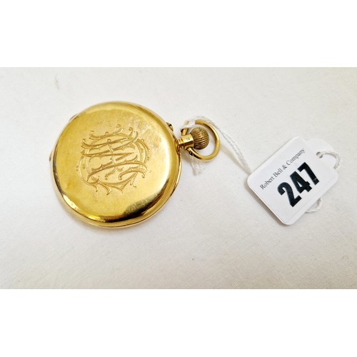 247 - A Sheffield 18ct gold cased gents half hunter pocket watch monogrammed to the rear