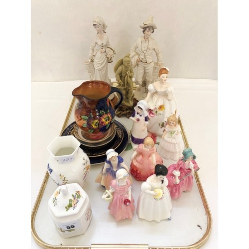 55 - 8 various Royal Doulton lady figurines, 8 cottage garden, Tungsten viola jug etc