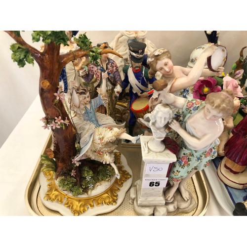 65 - Qty of ornamental figurines including  Capodimonte girl on a bough swing