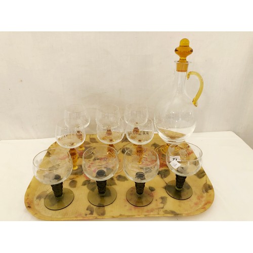 27 - Coloured and etched drinking glassware including decanter, set of 6 stemmed glasses and further set ... 