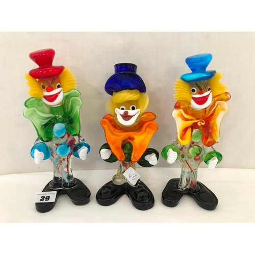 39 - Three colourful Murano glass clowns