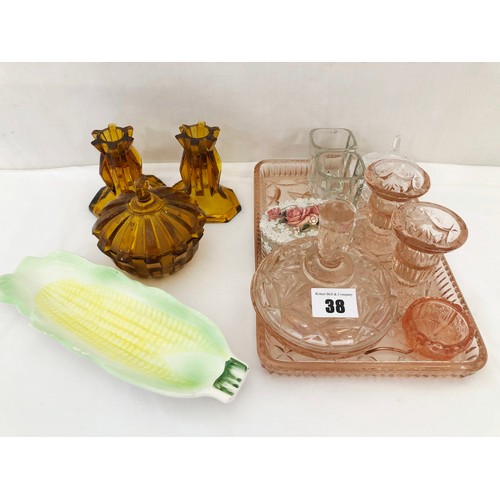 38 - Various glass dressing tableware and corn on the cob platter