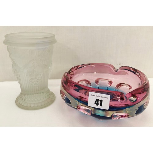 41 - Heavy coloured glass ashtray and frosted vase with relief vine decoration