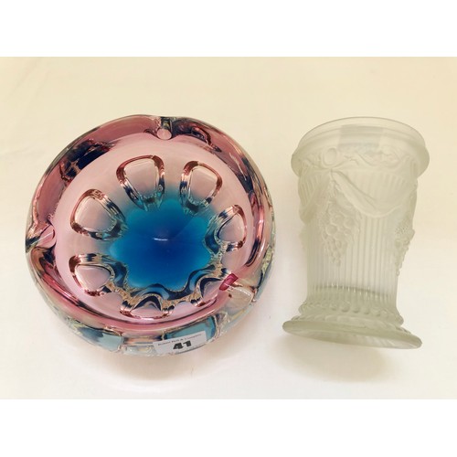 41 - Heavy coloured glass ashtray and frosted vase with relief vine decoration