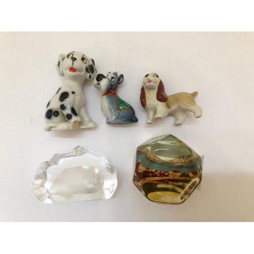 42 - 3 dog Whimsies and 2 small glass paperweights