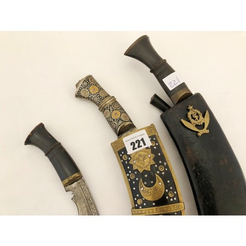 221 - An Indian Kukri with Gurkha Medical Corps badge 7 two smaller Indian knives, one with decorative sca... 