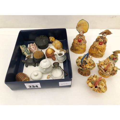 234 - Various figurines made from shells, Wade Whimsies, pin cushion etc