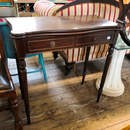 306 - Reproduction mahogany fold over baize lined games table