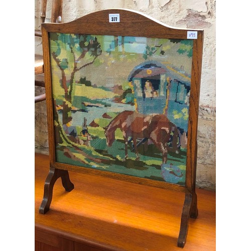 377 - Oak framed firescreen with tapestry panel