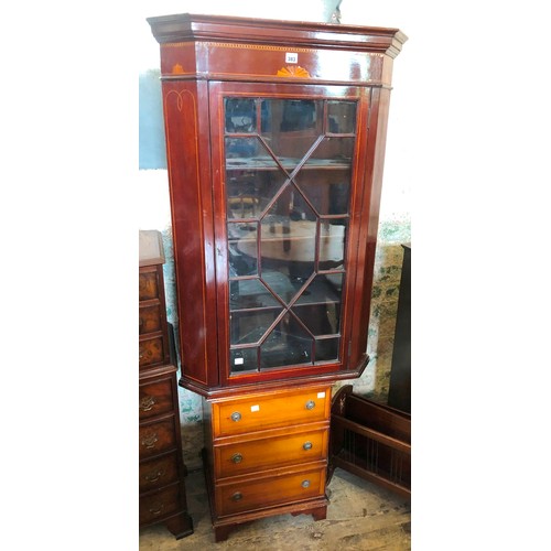 383 - Reproduction mahogany glazed wall hanging corner cupboard and chest of three drawers