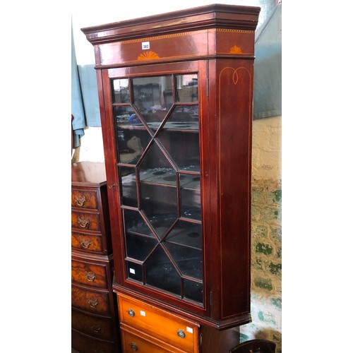 383 - Reproduction mahogany glazed wall hanging corner cupboard and chest of three drawers