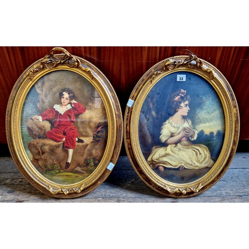 33 - Elias Lacey, 2 oils - family portraits of 18th century seated boy and girl signed lower left 1942 an... 
