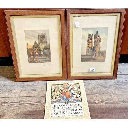 42 - Marcel Augis 2 coloured architectural prints, Hotel de Ville Arras 1917 and an Abbey 1915 both signe... 