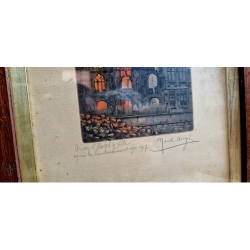 42 - Marcel Augis 2 coloured architectural prints, Hotel de Ville Arras 1917 and an Abbey 1915 both signe... 