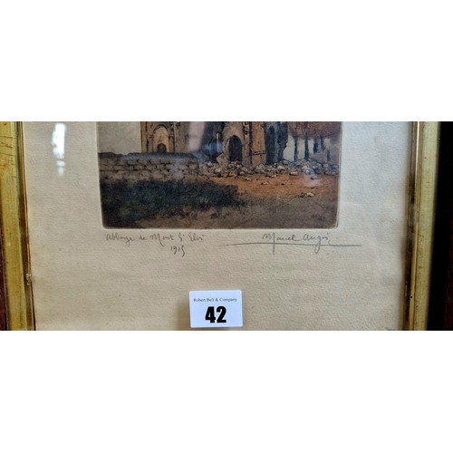 42 - Marcel Augis 2 coloured architectural prints, Hotel de Ville Arras 1917 and an Abbey 1915 both signe... 