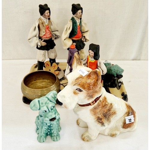 72 - Various ceramic figurines including 2 Sylvac Terriers, brass bowl etc