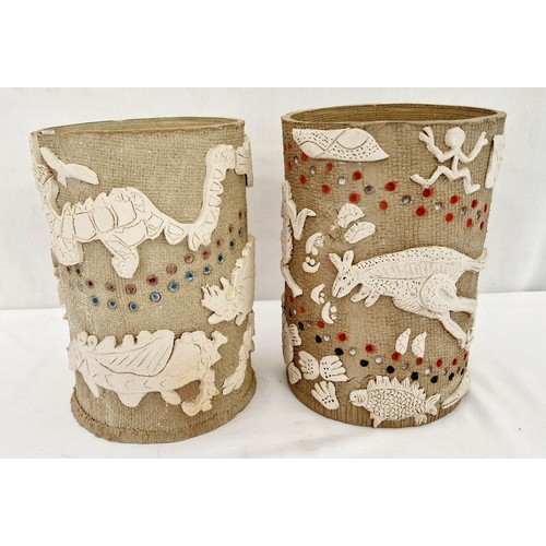 83 - 2 relief studio pottery vases - sea life and aboriginal designs