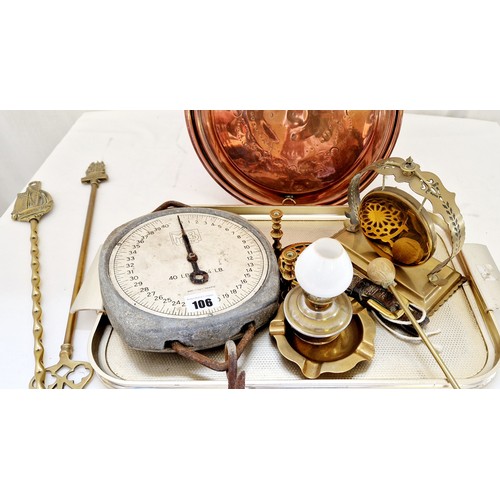 106 - Various brass and metal ware incl. toasting forks, warming pan, balance scales etc