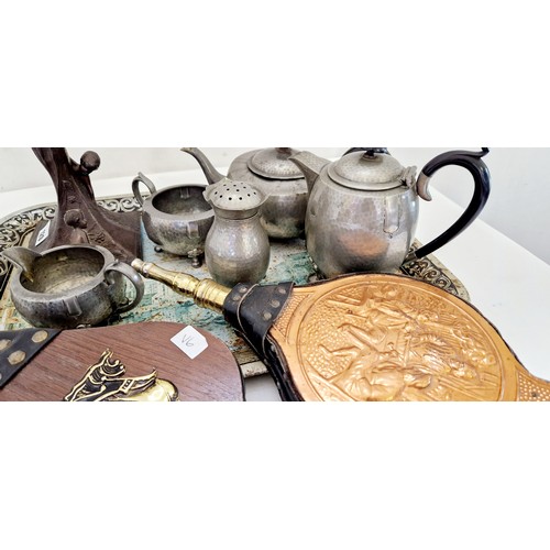 120 - Various metal ware incl. cast Art Nouveau mother and child figure, hammered pewter tea set etc