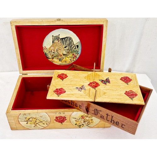 135 - Wooden box constructed from varnished matchsticks with painted panels of birds