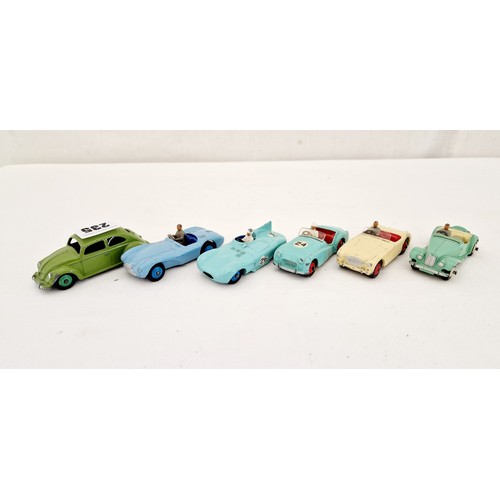 235 - 5 various Dinky vintage sports cars, Austin Healey, MG Midget, Triumph TR2, Jaguar Type D, Aston Mar... 