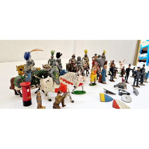 240 - Qty of loose metal playworn toy figures incl. Timpo knights, horses, policeman, etc