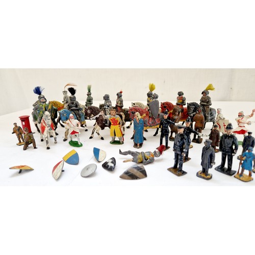 240 - Qty of loose metal playworn toy figures incl. Timpo knights, horses, policeman, etc