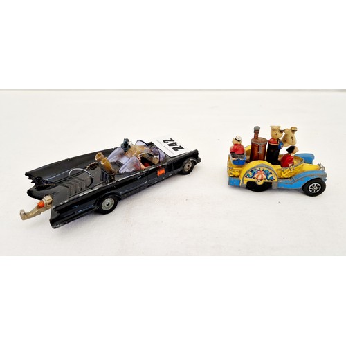 242 - Two vintage Corgi play worn toy vehicles, the Batmobile Batman and Robin and Popeye Paddle-Wagon