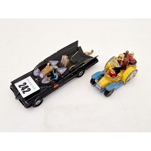 242 - Two vintage Corgi play worn toy vehicles, the Batmobile Batman and Robin and Popeye Paddle-Wagon