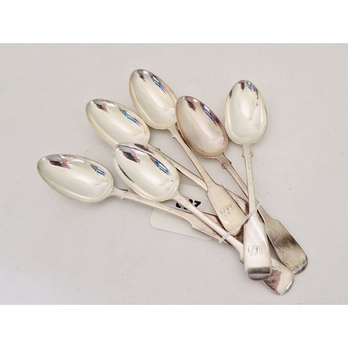 258 - Silver flatware, a set of six London 1908 fiddle pattern dessert spoons, monogrammed MLG, c. 9.84 oz... 