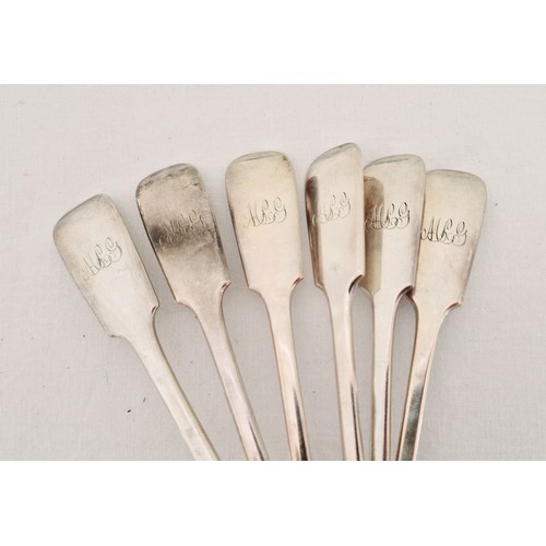 258 - Silver flatware, a set of six London 1908 fiddle pattern dessert spoons, monogrammed MLG, c. 9.84 oz... 