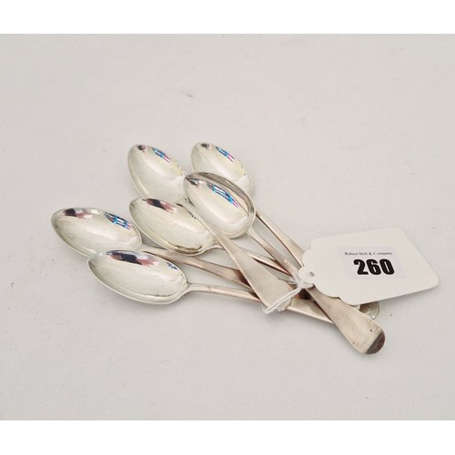 260 - Silver flatware, a set of six Exeter 1868/9 Old English pattern teaspoons by Jas. Williams c. 3.3 oz... 