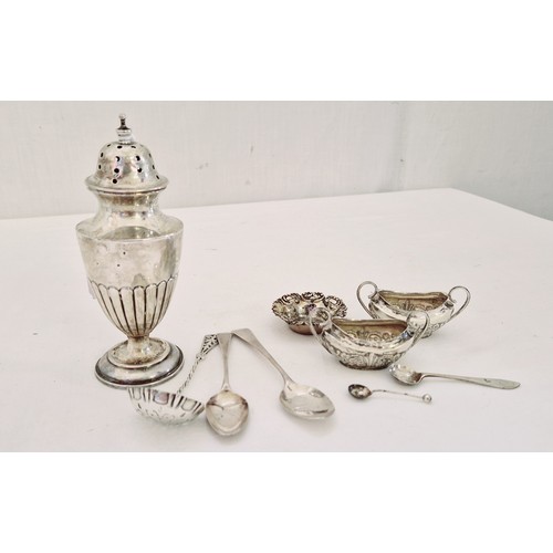 261 - Silver table and flatware comprising a Chester 1908 sugar caster, with urn form gadrooned body to ci... 