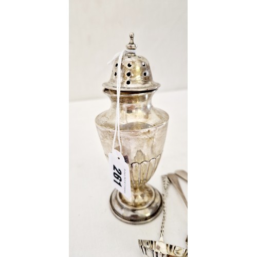 261 - Silver table and flatware comprising a Chester 1908 sugar caster, with urn form gadrooned body to ci... 