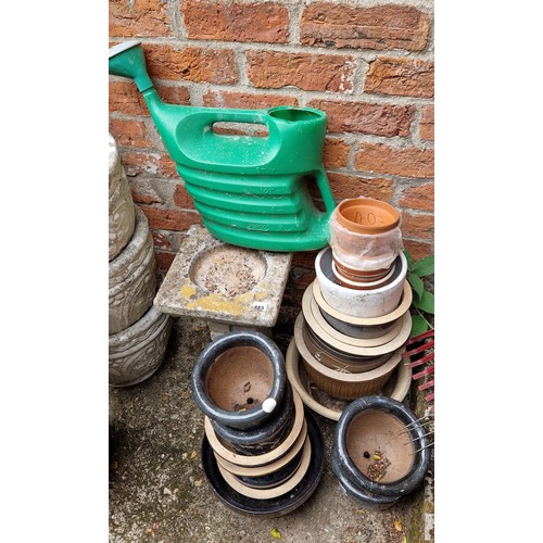 403 - Simulated stone birdbath and various terracotta planters