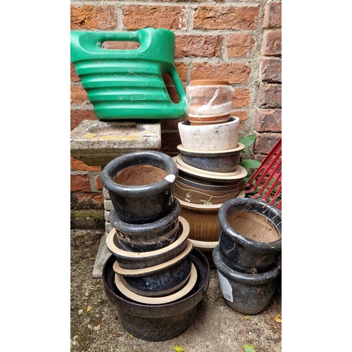 403 - Simulated stone birdbath and various terracotta planters