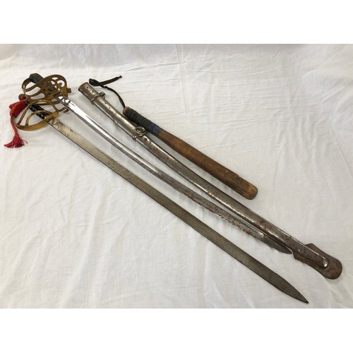 151 - Two Officers swords, one with 1845 Pattern type hilt, part rusted blade and scabbard, the other insc... 