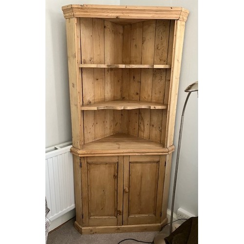 305 - Pine floor standing corner cabinet with open shelves over a cupboard base