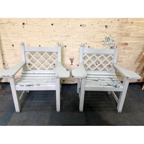 412 - Pair of wooden slatted garden chairs (missing one finial)