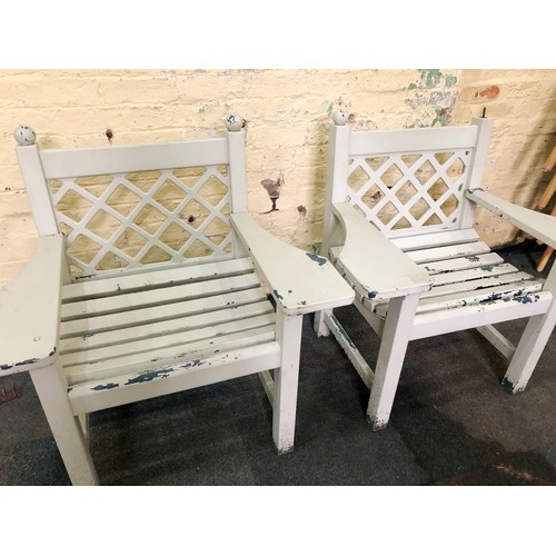 412 - Pair of wooden slatted garden chairs (missing one finial)