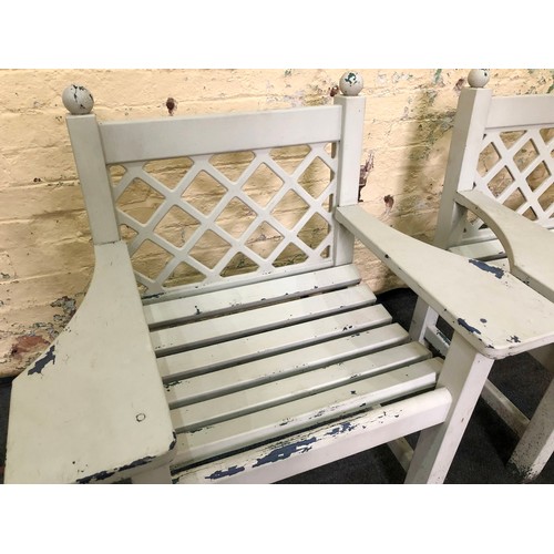 412 - Pair of wooden slatted garden chairs (missing one finial)