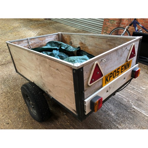 439 - Wooden box 2 wheel garden trailer