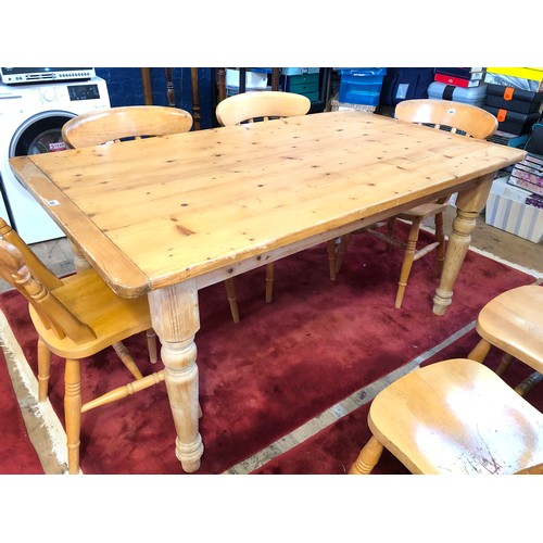 300 - Rectangular pine kitchen table on earlier base to turned legs