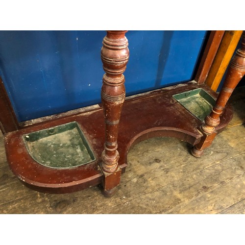 306 - Edwardian mahogany mirrored hall stand with relief panels, tile inserts, marble shelf and single dra... 