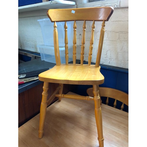 307 - Modern beech rectangular kitchen table and 5 spindle back chairs and a modern pine circular two tier... 