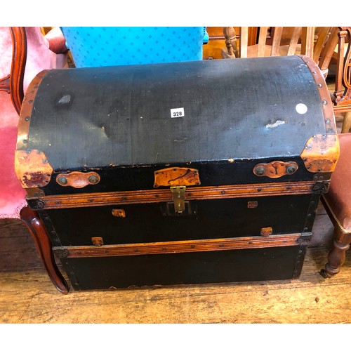 328 - Domed brass bound and leather cabin trunk, no interior