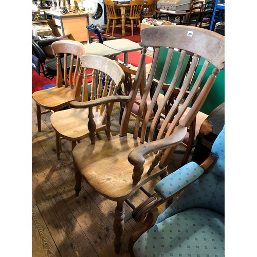 331 - Elm grandfather chair with turned supports and two misc. beech kitchen chairs