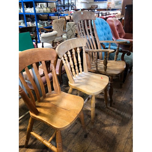 331 - Elm grandfather chair with turned supports and two misc. beech kitchen chairs