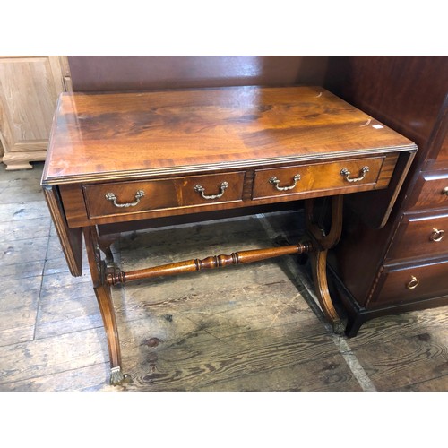 339A - Reproduction two drawer mahogany sofa table with lyre supports and turned cross stretcher