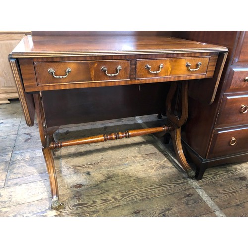 339A - Reproduction two drawer mahogany sofa table with lyre supports and turned cross stretcher